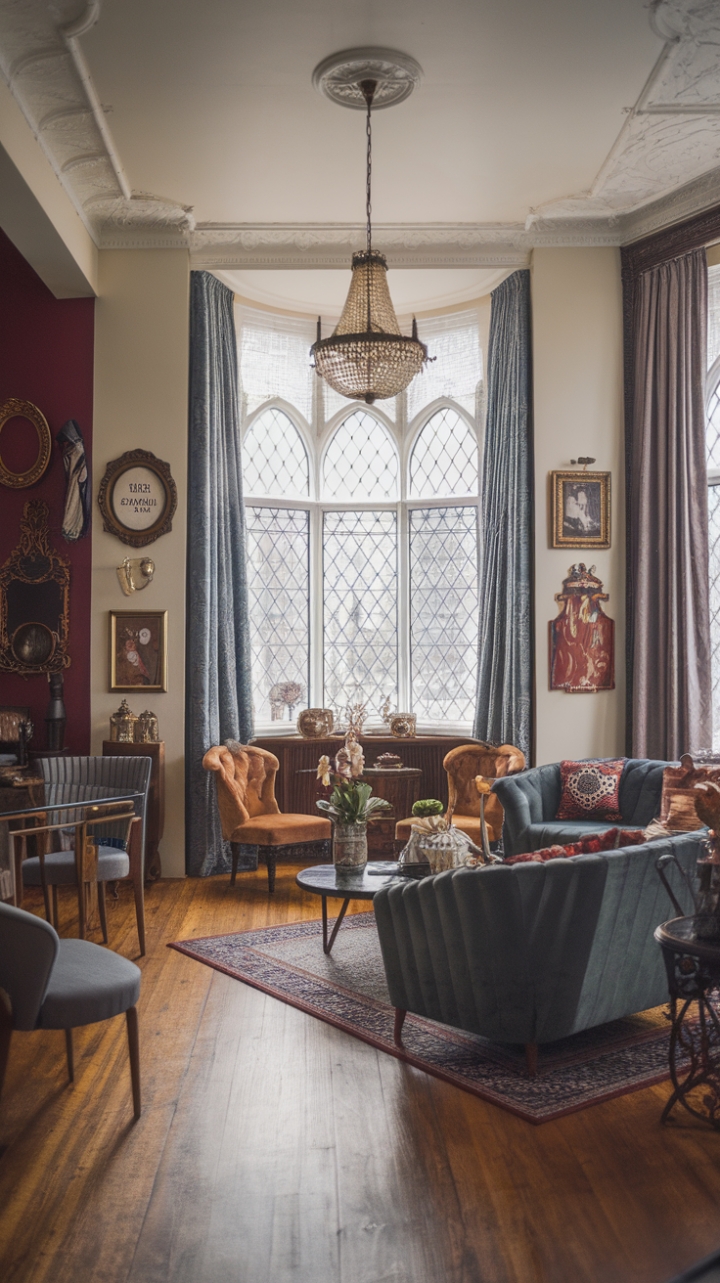 Where Victorian grandeur meets modern minimalism. A symphony of ornate frames, a dazzling chandelier, and patterned glass windows dance alongside sleek contemporary furniture, creating a living room that's both timeless and utterly captivating. The high ceilings and rich wood floors amplify the drama, resulting in a space that's as inviting as it is exquisitely styled.