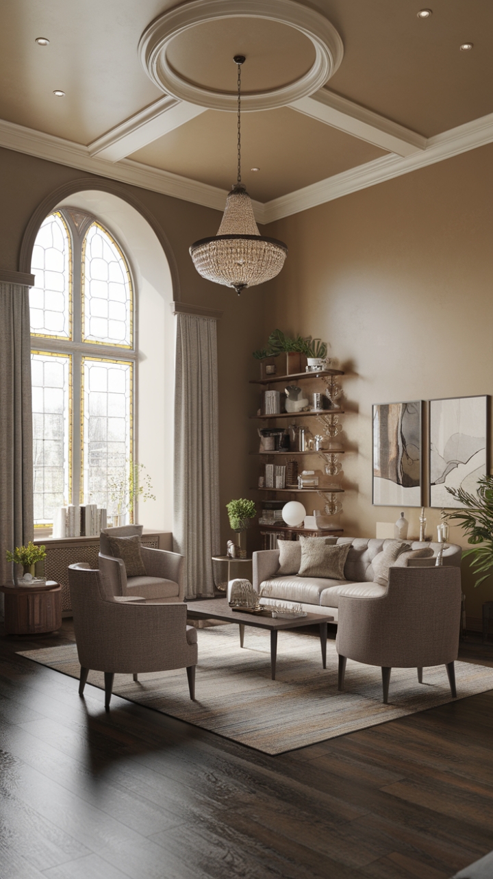 This contemporary Victorian-style room beautifully marries modern sophistication with timeless elegance, creating a warm and inviting atmosphere. The high ceiling, adorned with a stunning chandelier, draws the eye upward, while the soft beige walls provide a serene backdrop for the carefully curated furniture pieces. A large stained glass window bathes the space in colorful light, enhancing the rich tones of the dark wood floor. Plush sofas and armchairs invite relaxation, while a stylish coffee table and side table add functional charm. The central rug ties the room together, making it a perfect sanctuary for both entertaining and unwinding.