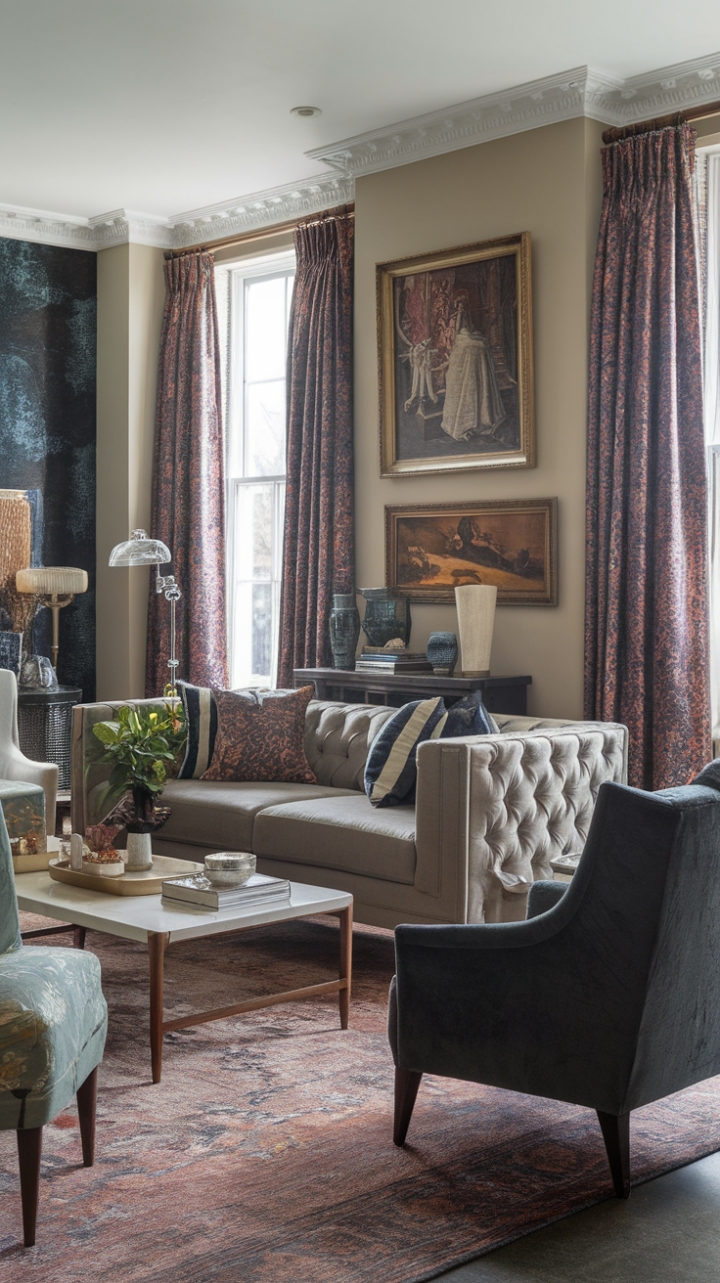 Where Victorian romance meets modern minimalism. A curated collection of antique artwork and plush seating creates a living room that's both timeless and utterly chic. The patterned rug anchors the space, a vibrant counterpoint to the sophisticated palette.