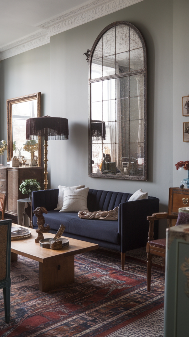 This modern Victorian-style living room exudes a captivating blend of elegance and eclectic charm, featuring a sumptuous dark blue sofa adorned with crisp white pillows that invite relaxation. A striking vintage-style mirror commands attention on the wall, reflecting the room's unique character, while a wooden coffee table anchors the space, adorned with carefully curated decorative items. The patterned rug underfoot adds warmth and texture, harmonizing beautifully with the fringed lamp that casts a soft glow nearby. Victorian-inspired furniture, including a stylish sideboard and a gracefully designed chair, complements the soft grey walls, creating a sophisticated yet inviting atmosphere perfect for both entertaining and unwinding.