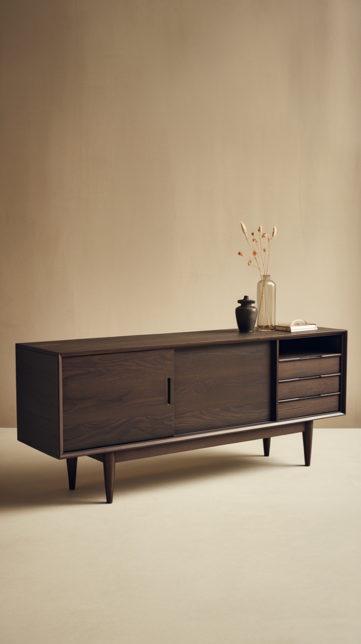 This contemporary sideboard exudes a sophisticated urban charm, crafted from rich dark wood that adds depth and warmth to any space. Its minimalist design features clean lines and a functional layout, with a few discreet drawers and a spacious central compartment, perfect for stylish storage. Set against a soft beige wall, the sideboard becomes a striking focal point, blending modern aesthetics with practicality to enhance your home’s decor.