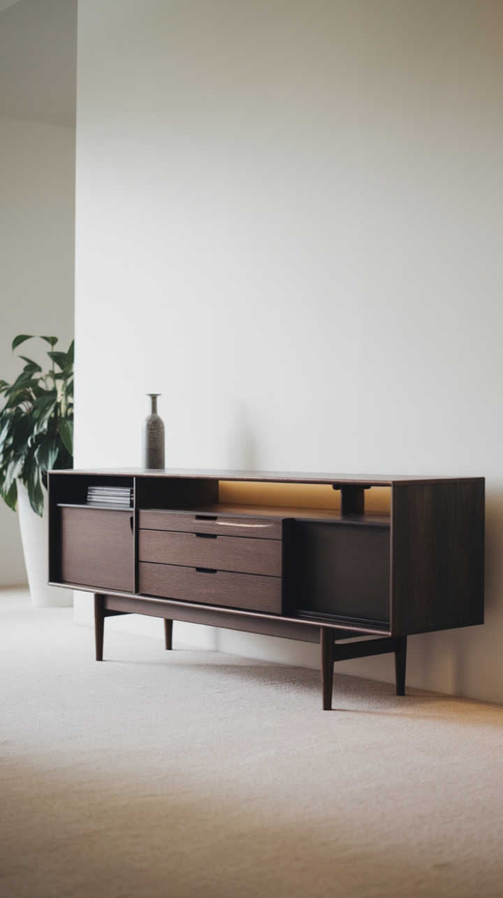 This stunning modern sideboard showcases a perfect blend of functionality and minimalist elegance, featuring a rich dark wood finish that adds warmth to the bright, airy room. With its clean lines and subtle design, the sideboard harmonizes beautifully against the crisp white wall, while the soft carpeted floor enhances the inviting atmosphere. A strategically placed potted plant adds a touch of nature, creating a serene focal point that complements the sleek aesthetic of the space.