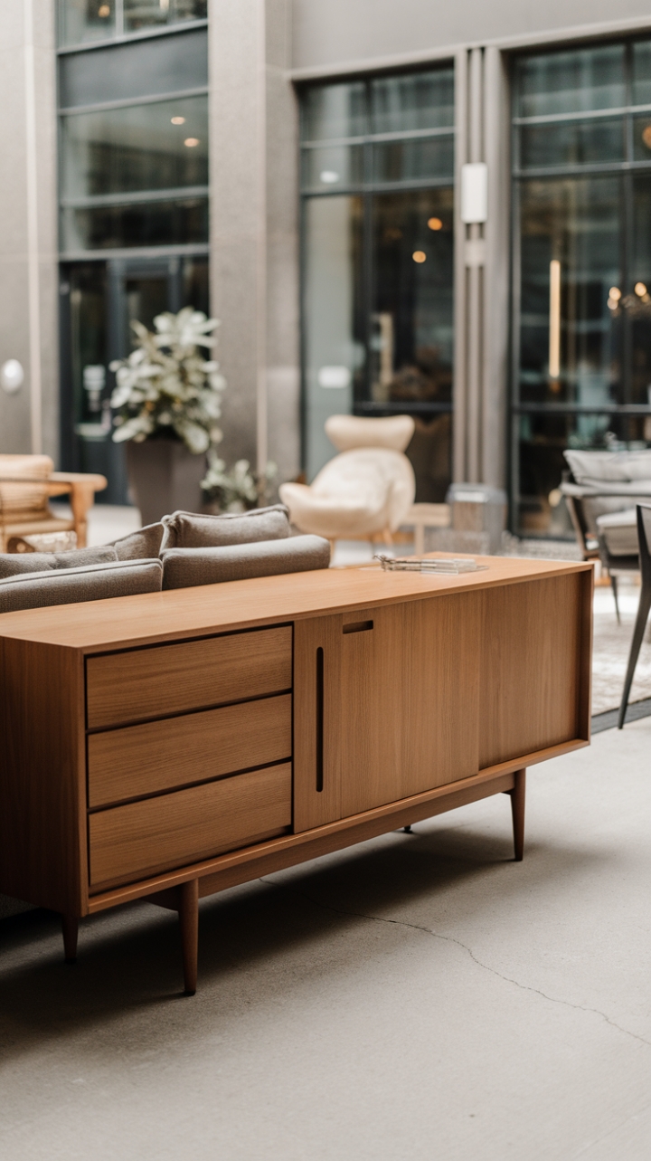 A stunning example of contemporary design, this sideboard features a minimalist aesthetic that harmonizes beautifully with the spacious urban living room. Its warm wooden finish and understated drawers and door provide both style and practicality, making it an ideal storage solution. Surrounded by modern furniture and a lush plant, the soft lighting bathes the scene in a warm glow, creating a serene and inviting ambiance that invites you to linger and enjoy the space.