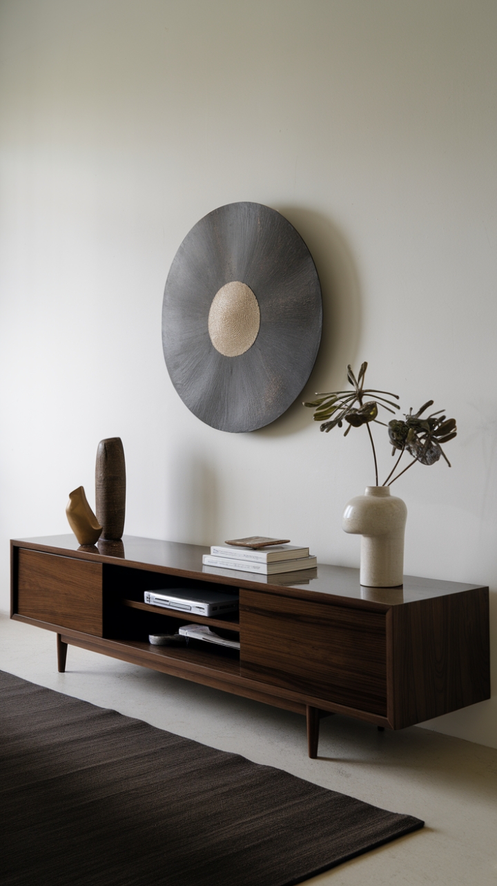 The sleek lines of this contemporary TV unit create a perfect balance of form and function, with its dark wood finish reflecting a modern aesthetic that is both chic and inviting. Set against a crisp white wall, the unit becomes a canvas for a few thoughtfully chosen decorative accents, enhancing the overall design. The plush dark rug beneath anchors the space, adding a touch of coziness that complements the unit's refined elegance.