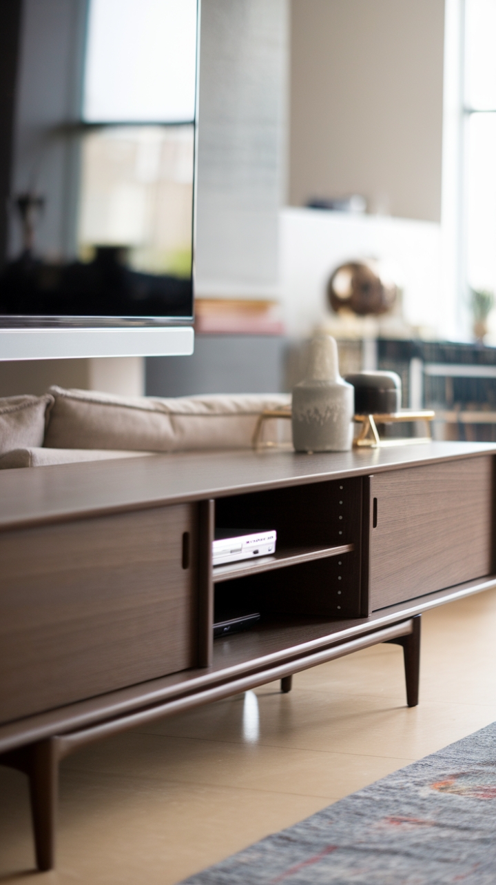 Dark wood meets modern minimalism in this stunning living room vignette. The sleek TV unit, with its integrated shelving, provides both practical storage and a sophisticated focal point. The contrast between the rich wood and the crisp white television creates a visually arresting composition, perfectly balanced by the muted gray sofa and carefully curated accessories. A space where style and functionality seamlessly coexist.
