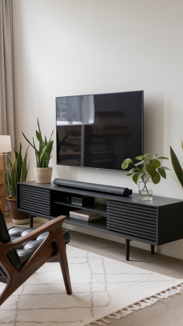 Unveiling understated elegance: This minimalist haven showcases a matte black TV unit, its clean lines punctuated by warm wood accents. The plush black leather chair invites relaxation, while pops of greenery add a touch of life to the sophisticated space. A perfect blend of form and function for the modern home.