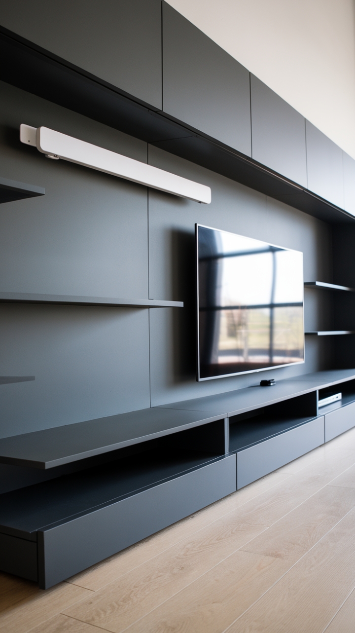 Dark grey drama meets light wood serenity. This entertainment center is the epitome of modern minimalism, boasting clean lines, ample storage, and clever cable concealment. Its sophisticated design is perfect for the discerning homeowner who values both form and function. The spacious TV opening and horizontal shelves offer a perfect blend of practicality and aesthetic appeal.