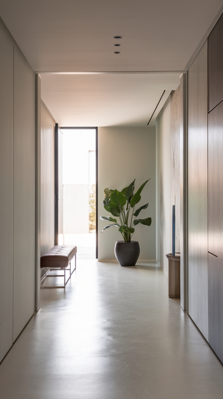 Modern minimalism meets sophisticated serenity in this breathtaking entrance foyer. Soft grey walls create a calming backdrop for sleek white floors and carefully curated modern furniture, resulting in a space that's both chic and inviting. The perfect blend of form and function, this design sets the stage for a home filled with understated elegance.