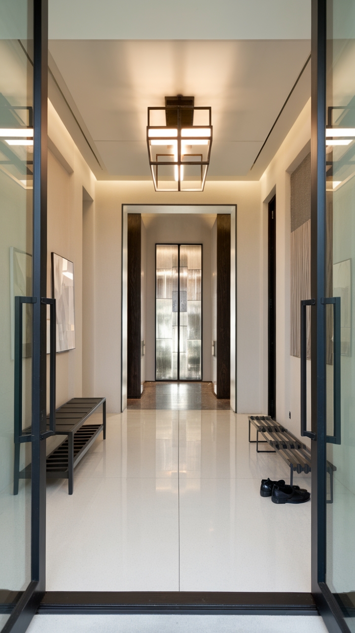 This contemporary entrance foyer exudes a serene minimalist charm, where sleek white floors and walls create a canvas for the understated elegance of dark furniture pieces. A stylish shoe rack and a coat rack seamlessly blend functionality with design, while the striking geometric light fixture above casts a warm glow, enhancing the modern aesthetic. In the background, a chic entry corridor hints at the stylish spaces beyond, inviting you to explore the harmonious balance of simplicity and sophistication that defines this inviting home.