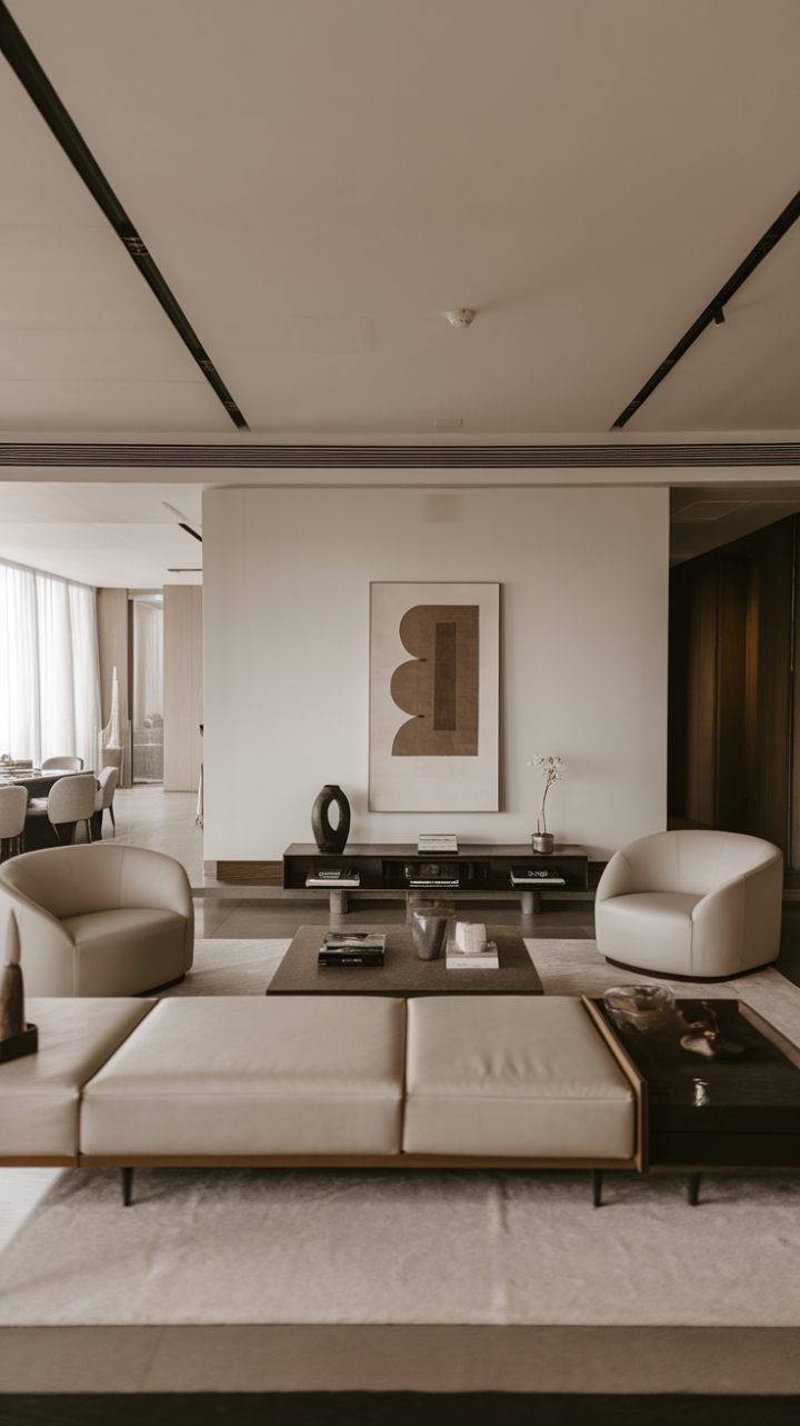 The essence of contemporary living is beautifully captured in this modern living room, where minimalist decor meets functional design in a seamless open floor plan. The neutral color palette creates a calming backdrop, while the sleek furniture with its clean lines offers both style and comfort. A bold modern art piece on the wall adds an artistic flair, transforming the space into a chic sanctuary that radiates sophistication and tranquility.