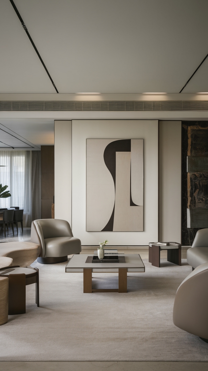 This contemporary modern living room embodies the essence of minimalist decor, showcasing a harmonious blend of sleek furniture and a soothing neutral color palette. A striking large abstract art piece commands attention on the wall, infusing the space with a touch of creativity and sophistication. The open floor plan enhances the room's airy feel, allowing for a seamless flow between the carefully curated furniture pieces, each selected for both style and functionality. The overall ambiance is one of refined elegance, where every element serves a purpose while contributing to a serene and inviting atmosphere.