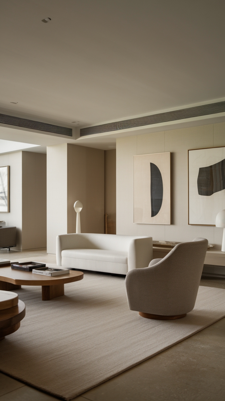 This contemporary modern living room exudes a serene sophistication, where minimalist decor meets functional elegance. A pristine white sofa invites relaxation, complemented by a chic gray chair that adds a touch of depth. The warm wooden coffee table serves as a stylish centerpiece, harmonizing beautifully with the soft beige rug that grounds the space. Adorned with striking modern art, the walls create a captivating visual dialogue, while the neutral color palette and clean lines enhance the room's airy ambiance, illuminated by soft, inviting lighting.