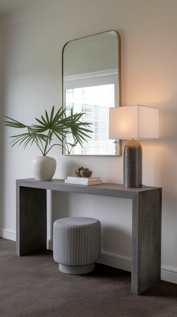 In this modern entryway, the console table stands out with its sleek, minimalist silhouette, finished in a rich dark grey that complements the overall aesthetic. A few thoughtfully chosen decorative elements-a lush plant that adds a pop of greenery, a contemporary lamp that provides soft illumination, and a mirror that amplifies the sense of space-grace the table's surface, creating a harmonious vignette. The pristine white wall serves as a perfect backdrop, while the dark grey carpet grounds the design, making this entryway a stylish introduction to the home.