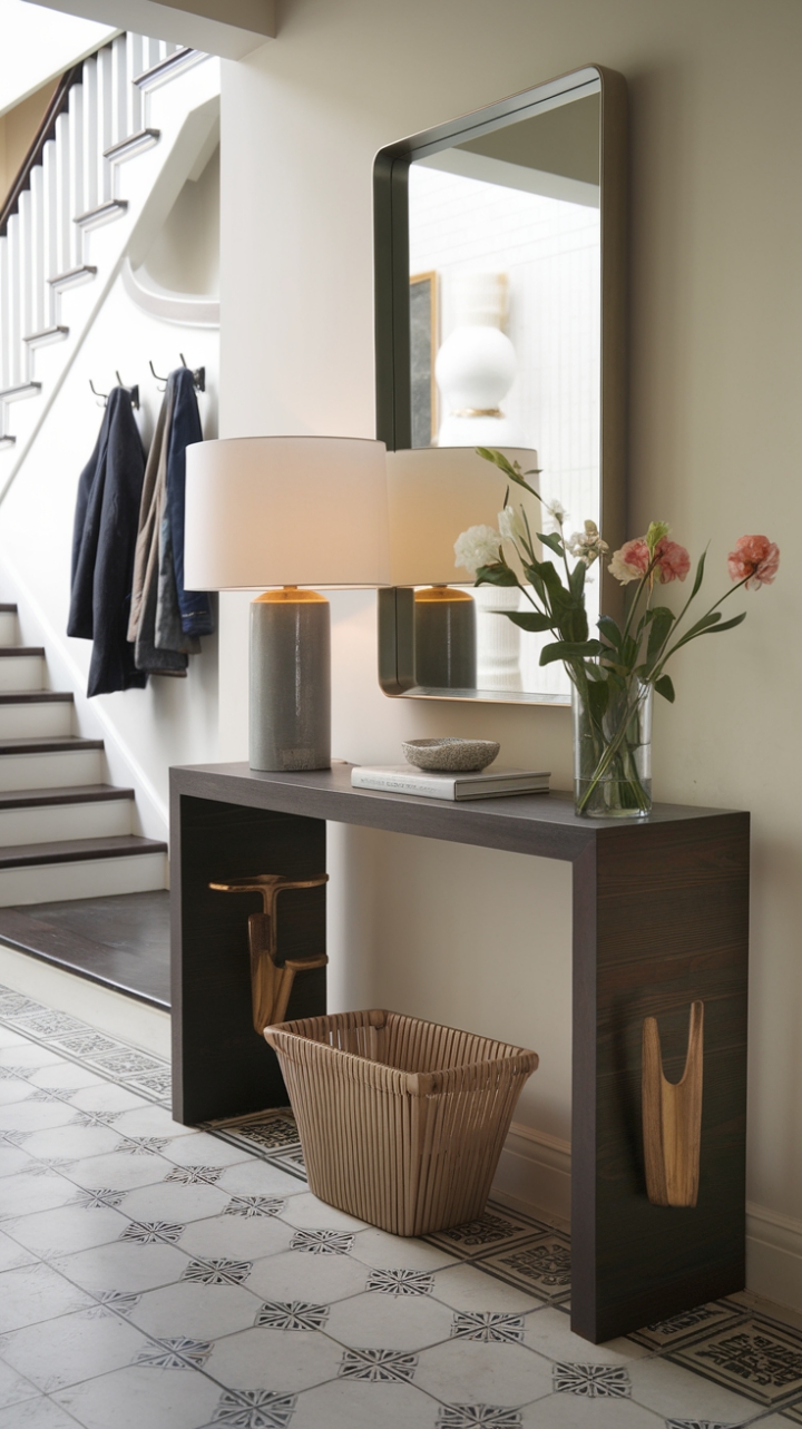 Dark wood meets modern minimalism in this stunning entryway. A sleek console table, adorned with a delicate floral arrangement and a softly glowing lamp, sets the stage for sophisticated style. The patterned floor and mirrored accents add depth and visual interest, creating a welcoming and unforgettable first impression.