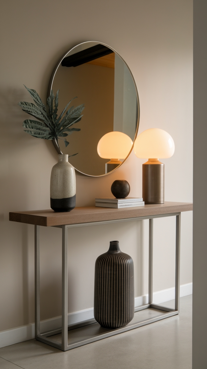 This contemporary console table serves as a stunning focal point in a modern entryway, showcasing a harmonious blend of sleek lines and minimalist design. The warm wooden top contrasts beautifully with the sturdy metal base, creating a striking visual appeal against the neutral wall. Adorned with a tasteful vase and a chic lamp, the table not only enhances the space but also invites warmth and personality into the hallway, making it a perfect spot for welcoming guests.
