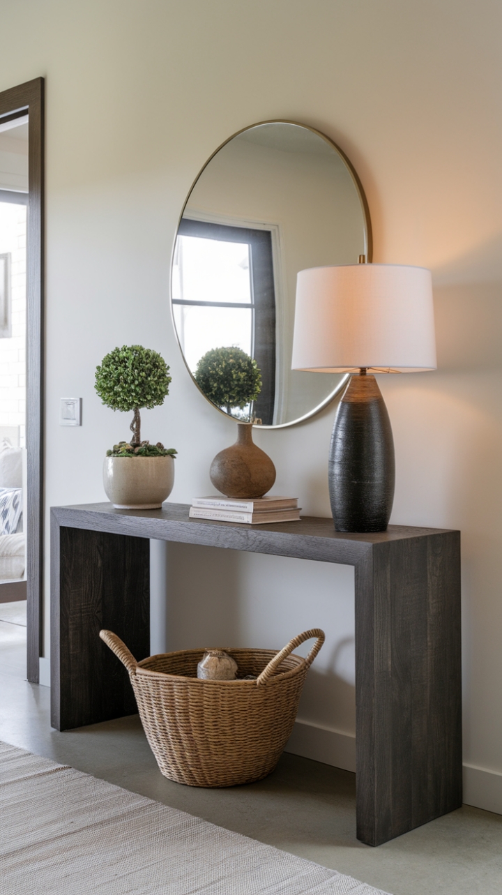 The entryway comes alive with this striking contemporary console table, crafted from rich dark wood that adds depth to the bright white wall behind it. Accented by a delightful potted plant, a chic lamp for ambient lighting, and a graceful vase that enhances the decor, this setup invites guests to pause and appreciate the artistry of everyday living. The plush rug beneath adds a cozy touch, completing the look of this stylish and welcoming space.