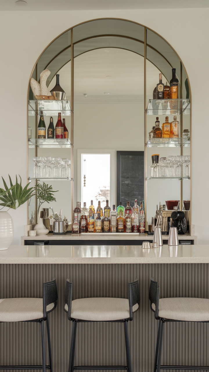 The epitome of modern elegance, this home bar features a stylish cocktail station that captures the essence of contemporary design. With its minimalist approach and urban flair, the chic lounge area invites guests to unwind and enjoy expertly crafted drinks in a sophisticated setting. This inviting space is not just a bar; it's a stylish haven for entertaining and creating unforgettable memories.