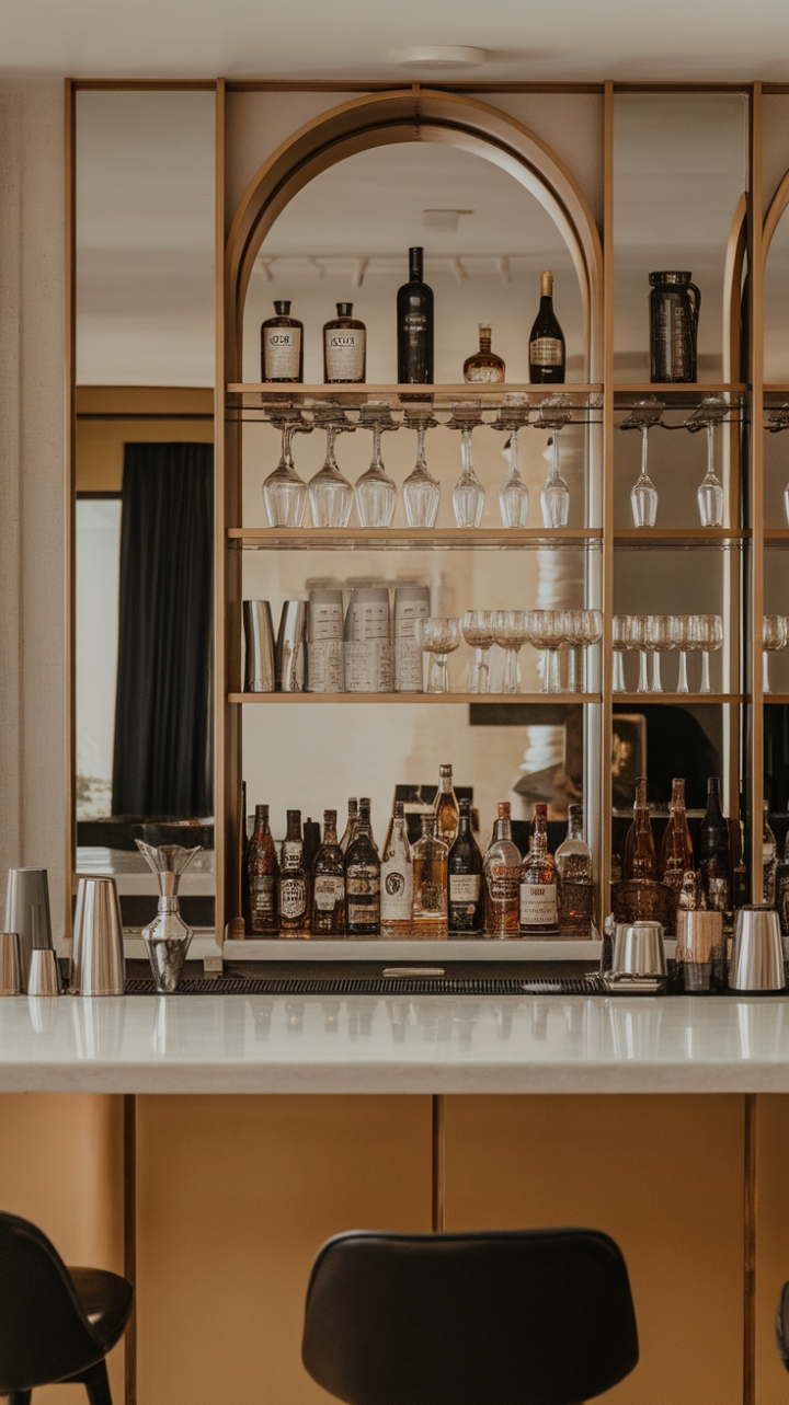The epitome of modern elegance, this cocktail station showcases a minimalist bar that harmonizes with the contemporary home decor. Featuring a trendy beverage station adorned with an impressive collection of glasses and bottles, this urban bar setup radiates a sophisticated tavern vibe. The seamless blend of style and functionality invites both casual gatherings and intimate celebrations, making it a standout feature in any chic home lounge.