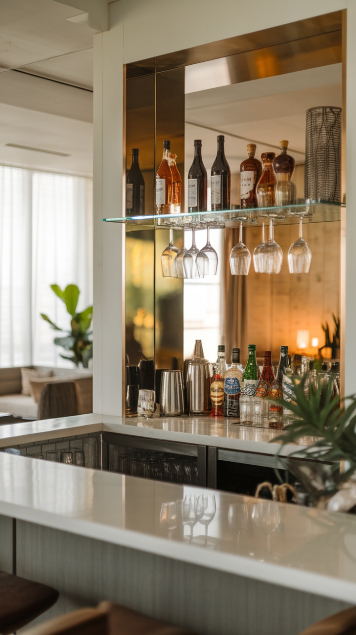 Unwind in sophisticated style. This contemporary home bar, a minimalist masterpiece, boasts a sleek cocktail station brimming with tempting spirits and glassware. The warm lighting and chic lounge area create the perfect ambiance for entertaining or a quiet nightcap.