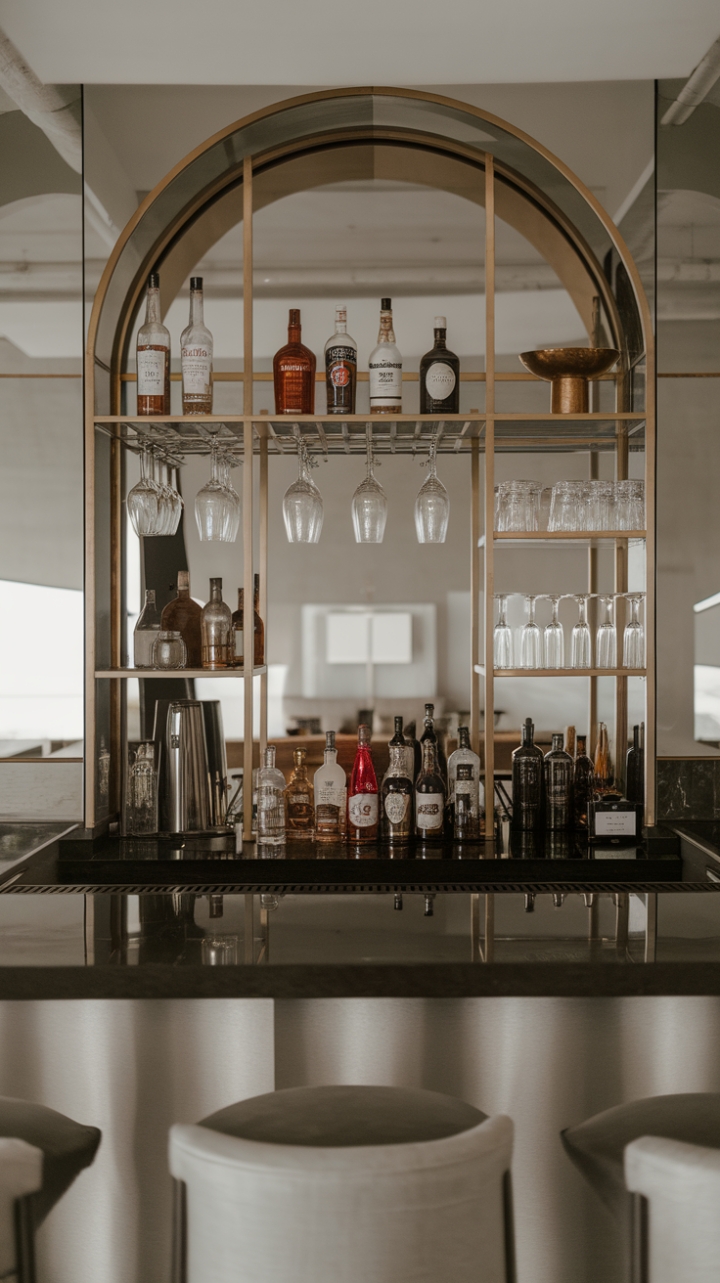 The epitome of modern elegance, this home bar features a minimalist design that seamlessly blends style and functionality. The chic beverage station, adorned with an impressive selection of bottles and sophisticated glassware, sets the stage for memorable gatherings. With its urban flair and inviting ambiance, this contemporary lounge area is the perfect backdrop for enjoying crafted cocktails and engaging conversations, making every moment feel special.