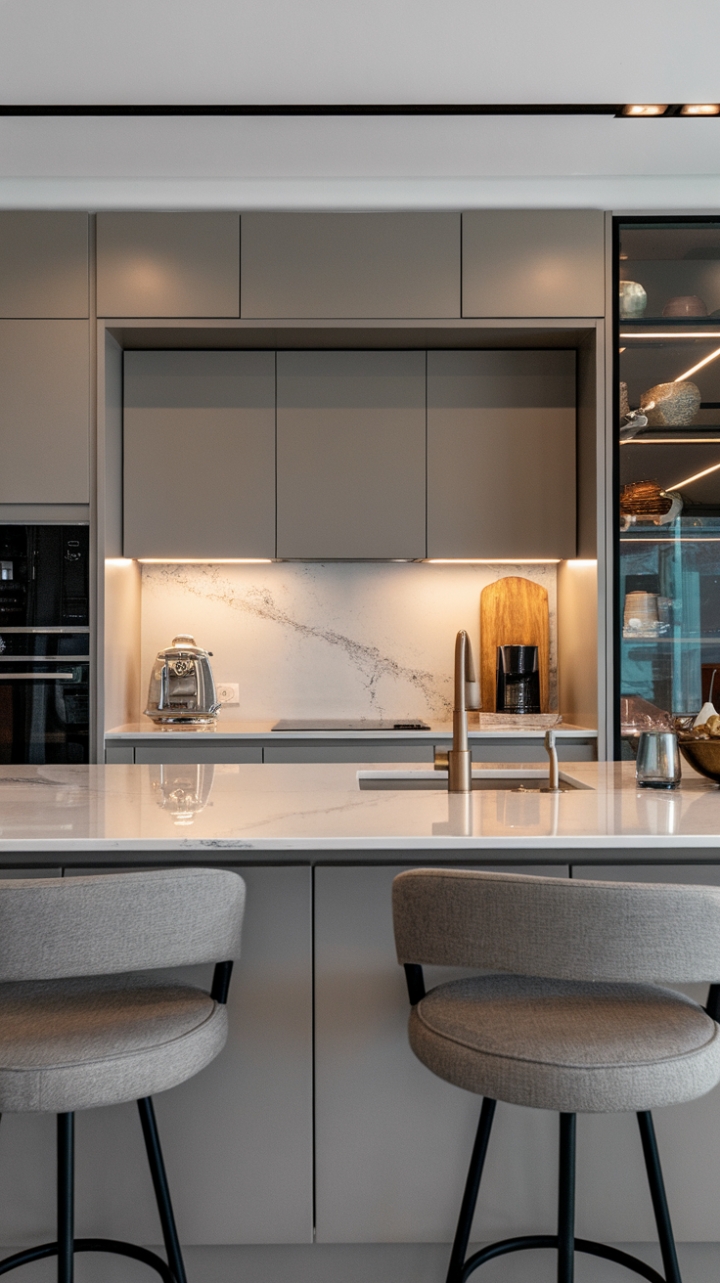 Sculptural lines and gleaming surfaces define this contemporary kitchen, where minimalist design meets high-performance luxury. Every detail, from the bespoke cabinetry to the state-of-the-art appliances, speaks to a refined aesthetic and unwavering commitment to quality. Prepare to be inspired.