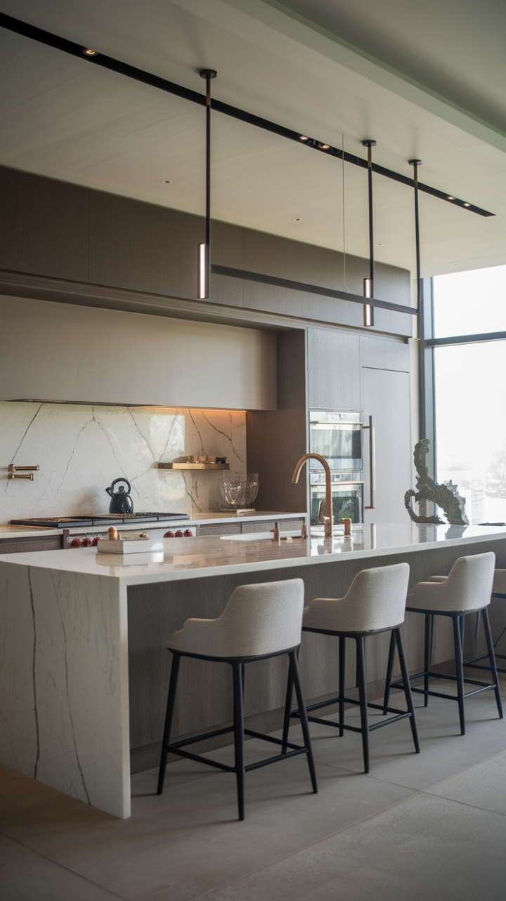This luxurious contemporary kitchen embodies the essence of modern design, showcasing a harmonious blend of high-end appliances and sleek interiors that redefine sophistication. The minimalist decor, characterized by clean lines and a striking monochromatic palette, creates an inviting yet refined atmosphere. Designer cabinets and upscale countertops seamlessly integrate functionality with style, while premium fixtures add a touch of elegance. Bathed in natural light from a generous window, this kitchen is a stunning example of how simplicity can exude luxury.