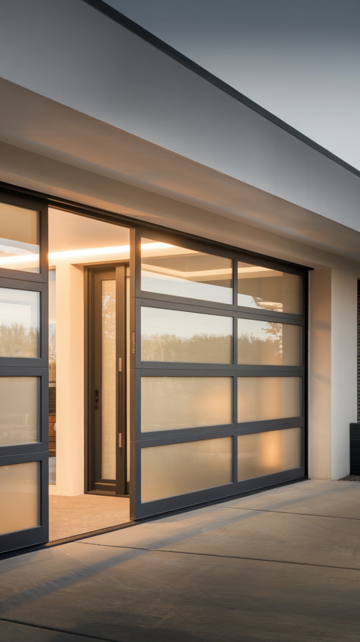 Unveiling architectural brilliance: A contemporary masterpiece where a luminous glass garage door, minimalist in design yet radiating warmth, sets the stage for a home that exudes understated elegance. The clean lines and innovative design create an inviting entrance, a perfect blend of form and function.