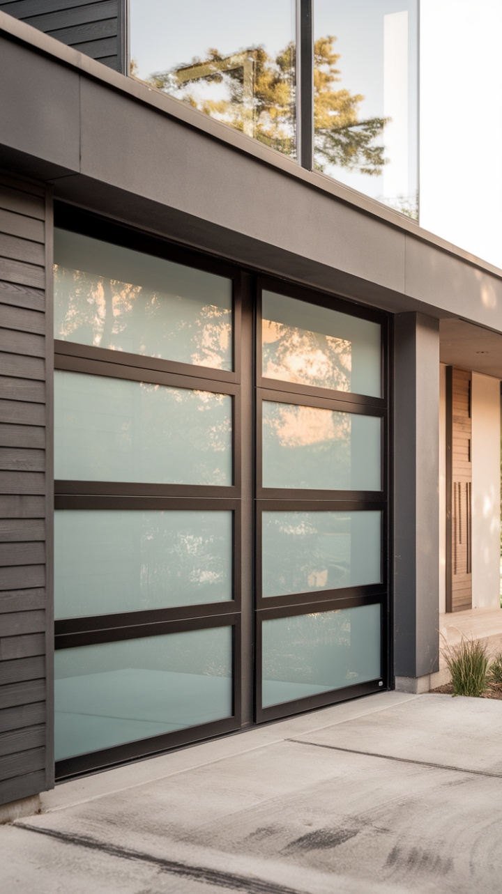 This striking contemporary home exterior showcases a stunning glass garage door that embodies minimalist elegance, seamlessly blending functionality with modern design. The sleek lines and transparent panels create a captivating focal point, inviting natural light while maintaining a sense of privacy. Positioned near a chic entryway, this innovative feature not only enhances the home's architectural appeal but also adds a unique touch that sets it apart in the neighborhood, making a bold statement of sophistication and style.