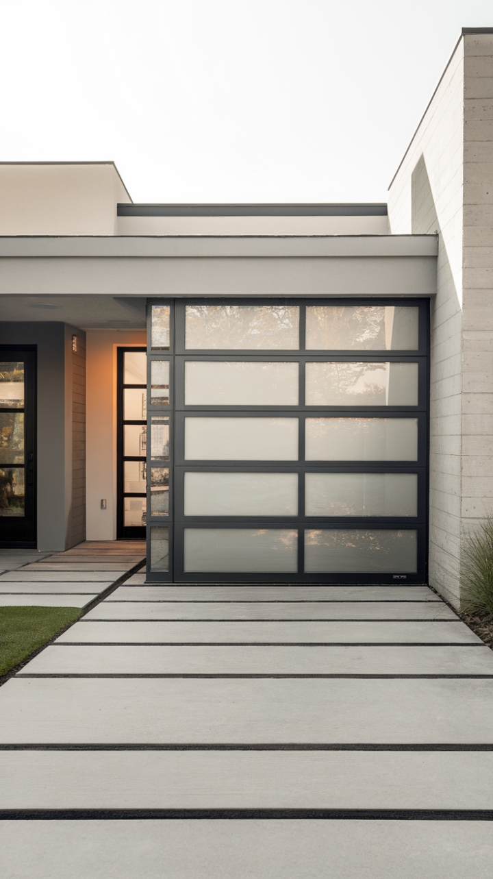 Modernity redefined: A sleek glass garage door transforms this home's exterior into a stunning showcase of innovative design. The minimalist aesthetic, perfectly complemented by the concrete pathway and well-lit entryway, promises a captivating living space within.