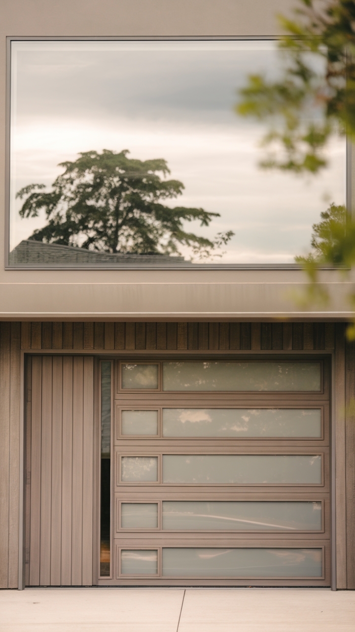 A study in serene modernism. The soft focus highlights the rich tones of the wood garage door, a captivating focal point against the backdrop of nature's gentle palette. This home's exterior promises an interior equally captivating.