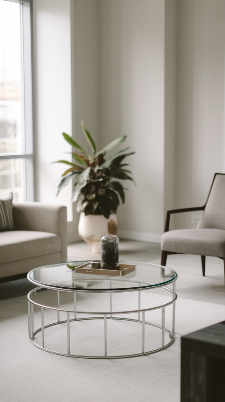 In this contemporary living room, minimalist design takes center stage, showcasing a harmonious blend of elegance and simplicity. The sleek coffee table, featuring a glass top and a striking circular metal base, anchors the space, while the carefully curated furniture-a plush sofa and a stylish chair-invites relaxation. Bathed in natural light streaming through a generous window, the white walls create an airy ambiance, complemented by a touch of greenery from a thoughtfully placed plant, making this room a serene retreat for modern living.