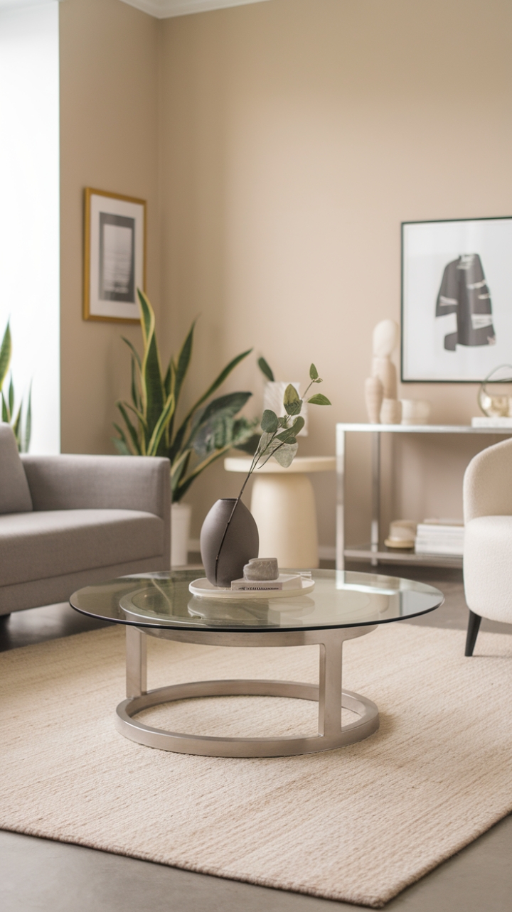 This modern living room exudes sophistication with its sleek, minimalist coffee table, featuring a striking circular base and a transparent glass top that invites light and airiness into the space. Anchored by a plush beige wool rug, the room harmonizes with a chic gray sofa and a crisp white chair, creating a serene yet stylish atmosphere. Soft beige walls provide a warm backdrop, while carefully curated plants and decorative accents add a touch of life and personality, making this space a perfect blend of comfort and contemporary elegance.