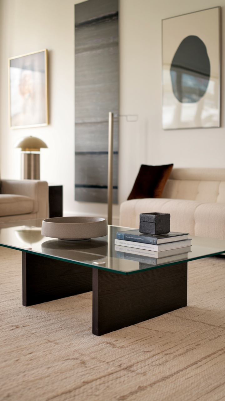 Modern minimalism meets refined comfort. This living room showcases a sleek coffee table, its clear glass top reflecting the ambient light and highlighting the rich black wood base. The carefully chosen accessories add personality without compromising the clean lines and calming atmosphere.