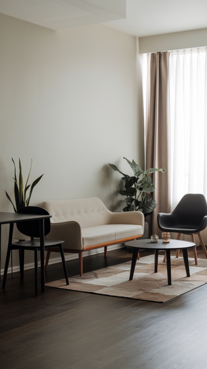 This contemporary room embodies the essence of minimalist design, where each element is thoughtfully curated to create a peaceful retreat. The plush beige sofa, with its understated wooden legs, invites relaxation, while the bold black chairs introduce a striking contrast that enhances the room's character. A stylish coffee table serves as a focal point, harmonizing with the rich tones of the dark wood floor, while a vibrant plant adds a refreshing touch of nature. With white walls reflecting the sunlight streaming through the window, dressed in a delicate curtain, the space radiates a calm and inviting atmosphere perfect for unwinding or entertaining.
