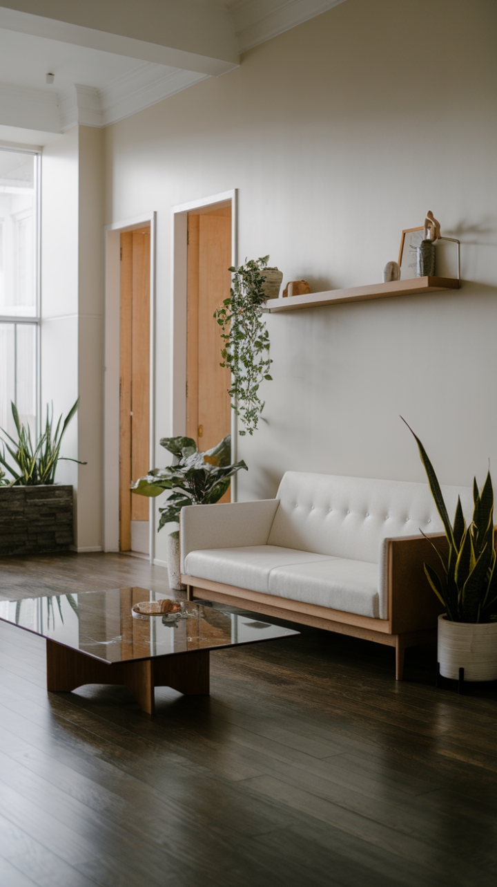 Uncluttered elegance reigns in this minimalist haven. The interplay of clean white walls, dark wood floors, and natural textures creates a sanctuary of calm sophistication. Notice the subtle warmth introduced by the wooden accents of the sofa and coffee table, perfectly complemented by the lush greenery.