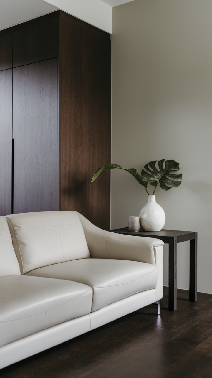 Cool sophistication meets organic warmth in this contemporary living space. A sleek white sofa anchors the room, its clean lines beautifully offset by a rich dark wood cabinet and a small side table displaying a simple yet striking arrangement of greenery. The muted gray walls and dark wood floors provide a grounding backdrop for this stylish and calming retreat.