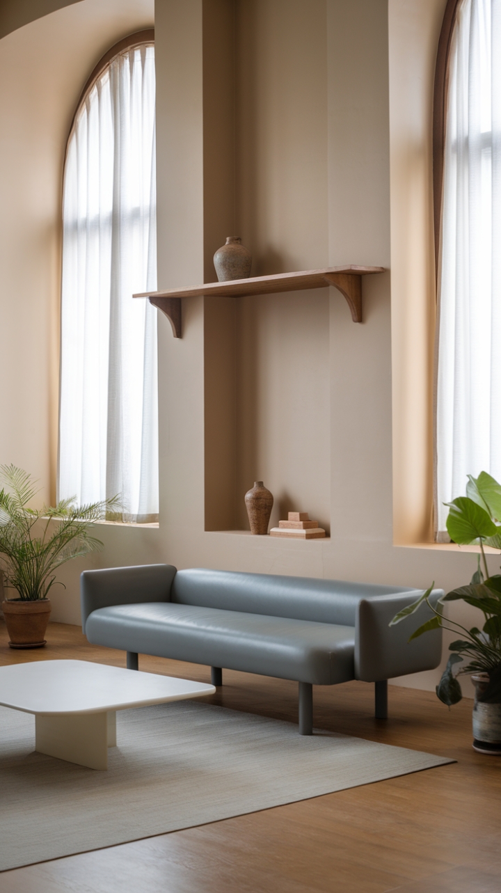 In this serene contemporary space, minimalist design takes center stage, showcasing a sleek grey sofa that invites relaxation while maintaining an air of sophistication. A crisp white coffee table anchors the room, harmonizing beautifully with the soft beige walls that create a warm and inviting backdrop. Lush potted plants add a touch of nature, breathing life into the space, while the wooden floor exudes warmth and texture. Above the sofa, a stylish wooden shelf displays carefully curated decorative items, including a charming ceramic pot and a rustic wooden block, enhancing the room's aesthetic without overwhelming it. Large windows draped in sheer white curtains allow natural light to flood the area, illuminating the thoughtful design and creating an atmosphere of calm and tranquility.