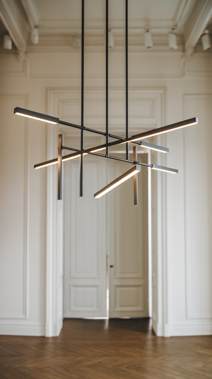 This stunning contemporary chandelier redefines elegance with its minimalist design, featuring multiple sleek arms that gracefully extend from a soaring ceiling. Each lighting fixture, crafted from metal with a sophisticated matte finish, casts a warm glow that beautifully contrasts against the pristine white walls and rich wooden floor of the room. The simplicity of the chandelier complements the space, creating a harmonious balance that invites both style and serenity.