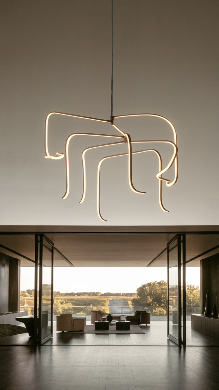 This stunning modern chandelier redefines elegance with its minimalist design, featuring slender, gracefully curved arms that extend outward, each adorned with a soft, glowing bulb. Suspended from a lofty ceiling, it casts a warm, inviting light across the spacious, open room, highlighting the rich tones of the dark wood floor and the understated sophistication of the sparse furnishings. The bare walls serve as a perfect canvas, allowing the chandelier to take center stage, transforming the space into a serene oasis of contemporary style.