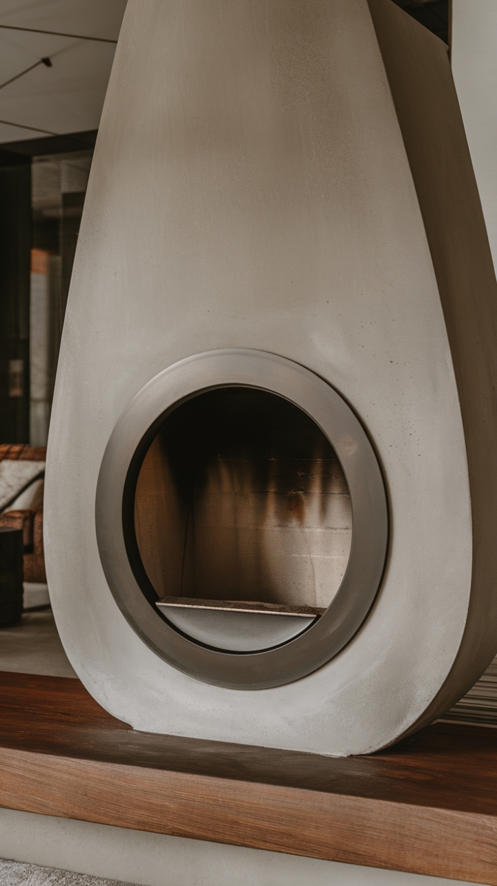With its sleek, minimalist aesthetic, this concrete fireplace transforms the living room into a sanctuary of style and comfort. The expansive round opening, encased in a matte black metal frame, draws the eye and adds a bold statement, while the wooden platform beneath offers a natural contrast that enhances the overall design. This harmonious blend of materials creates a serene atmosphere, inviting moments of warmth and connection in a beautifully curated space.
