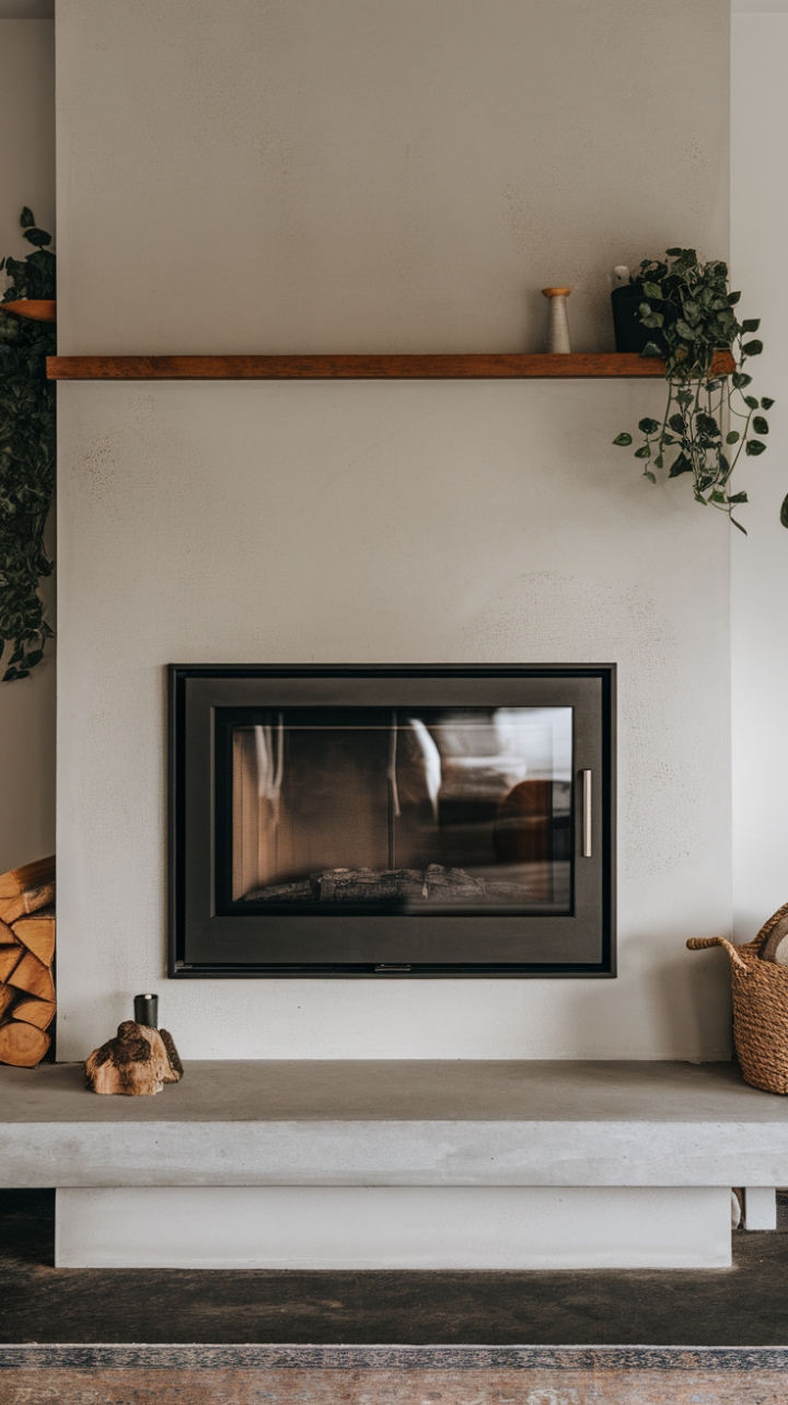 This striking modern fireplace serves as a stunning focal point, showcasing a sleek black frame and a crystal-clear glass panel that invites warmth and ambiance into the space. Below, the contemporary concrete hearth grounds the design, while the wall behind it is adorned with thoughtfully curated decorative elements, including a lush plant and a stylish wooden shelf that add a touch of nature and personality. A soft rug underfoot completes the look, creating a cozy atmosphere that harmonizes sophistication with comfort.