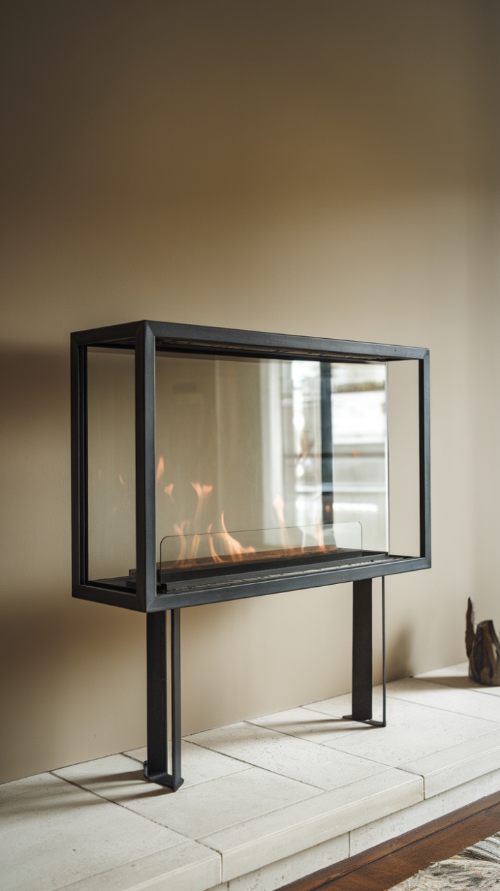This striking modern fireplace serves as a stunning focal point, showcasing a sleek black metal design that exudes sophistication. The minimalist aesthetic is enhanced by a transparent glass panel, allowing the warm glow of the flames to dance elegantly within. Supported by two tall, slender black metal posts, the fireplace appears to float above the pristine white tiled floor, creating a sense of lightness in the space. The soft beige wall behind it adds a touch of warmth, while a carefully chosen decorative object beside the fireplace introduces a hint of personality, inviting cozy gatherings in this serene setting.