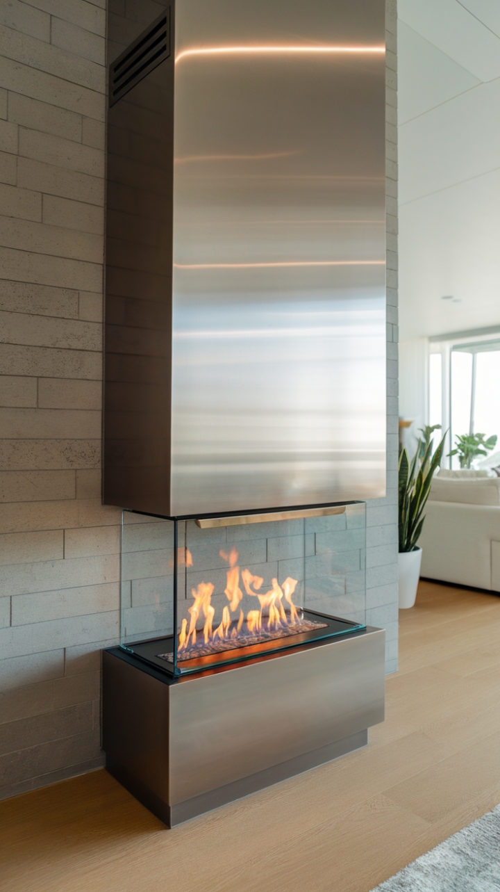 Imagine cozy nights in front of this stunning fireplace. Its tall, slender design makes a statement, while the clear glass showcases the vibrant fire within. The clean lines and neutral palette create a serene atmosphere, perfectly paired with the airy white sofa and lush greenery.