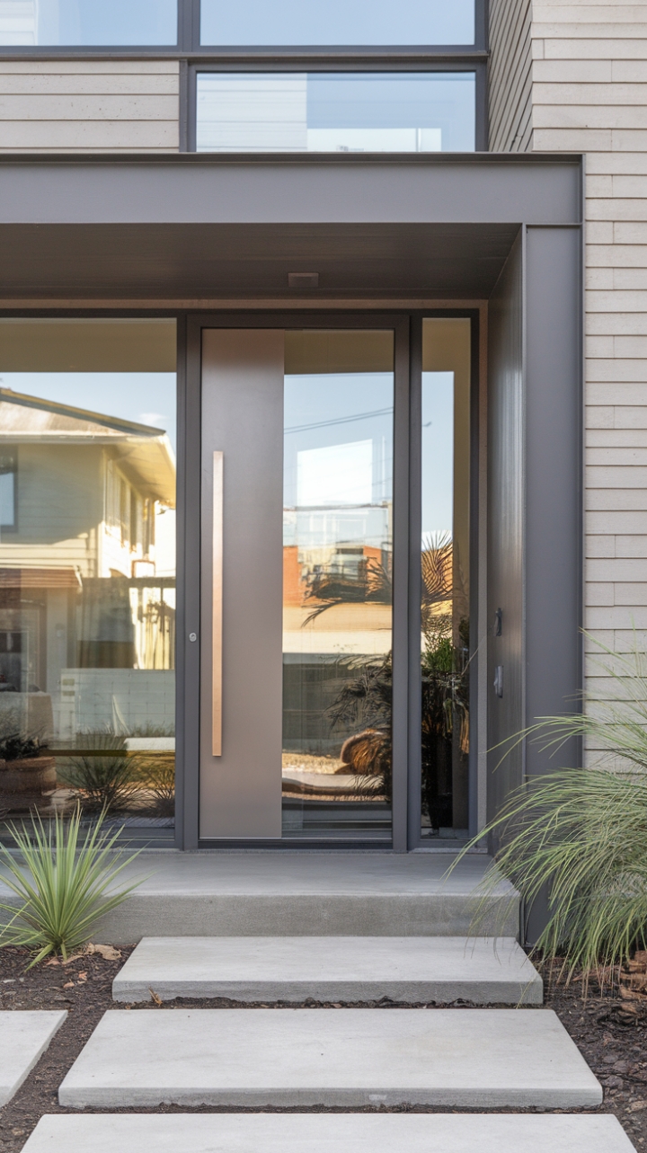 The facade of this modern home captivates with its minimalist front door, a perfect fusion of glass and metal that invites curiosity. Framed by a sophisticated porch with clean concrete lines and thoughtfully arranged potted plants, the entrance exudes a fresh, contemporary vibe. Set against a backdrop of urban homes, this striking design not only enhances the aesthetic appeal but also reflects a lifestyle that values both style and simplicity.