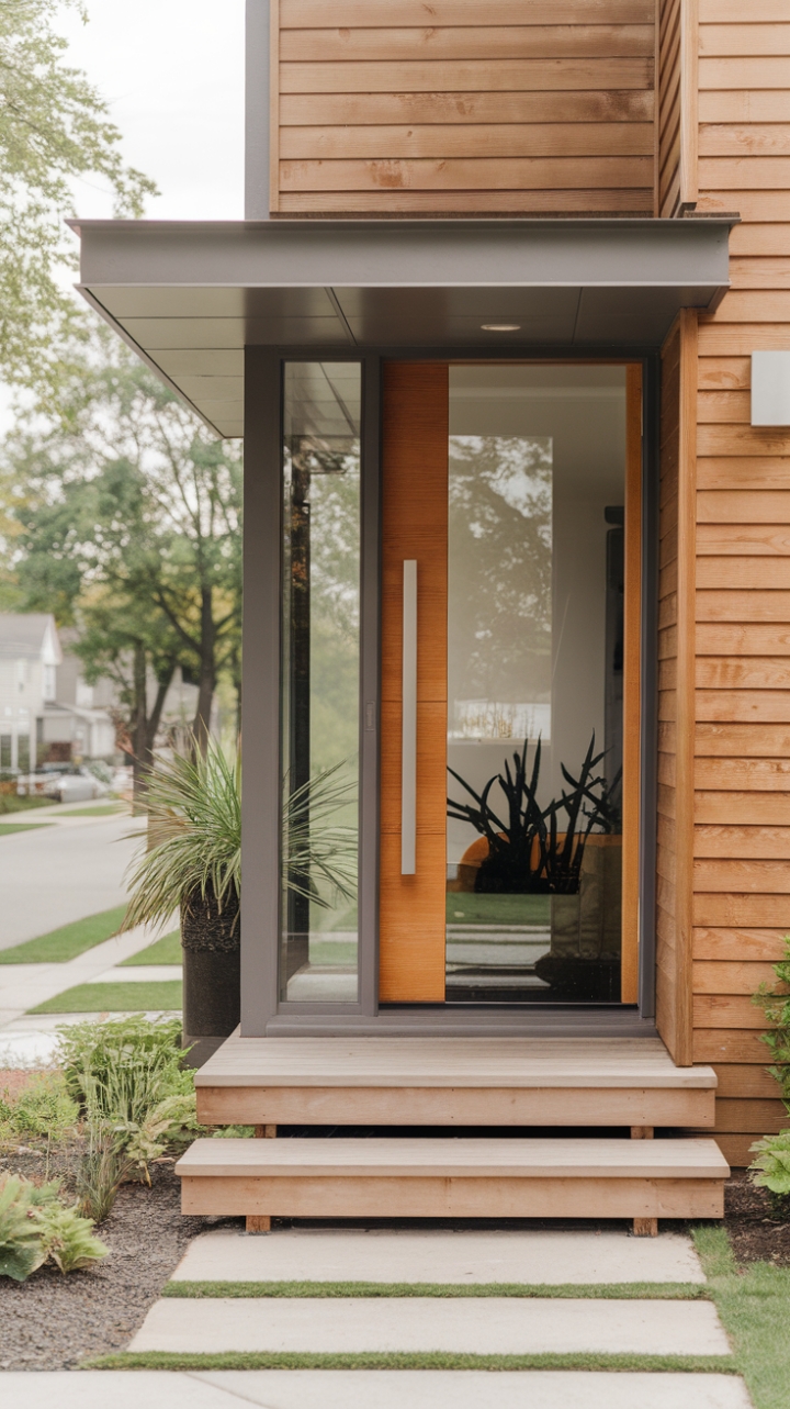 Modern minimalism meets curb appeal. This home's sleek glass and wood entryway, accented by lush greenery, makes a statement before you even cross the threshold. The clean lines and thoughtful details create an inviting and sophisticated welcome.