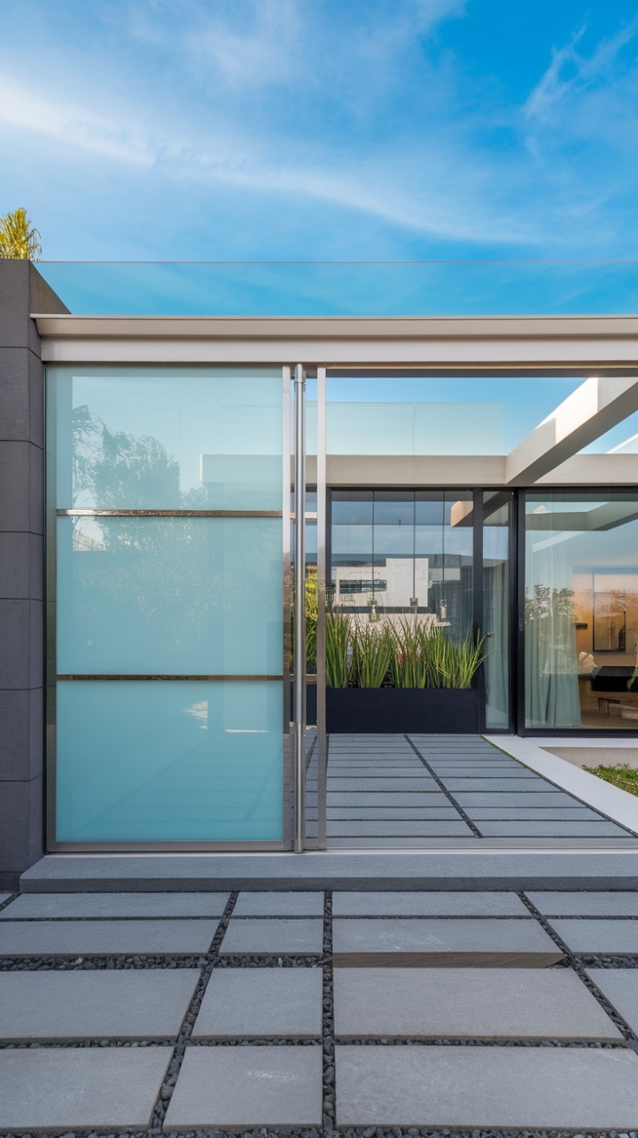 Where sleek lines meet breathtaking views. This minimalist glass and metal sliding door, framed by a contemporary façade and serene grey stone paving, invites you into a world of modern elegance. The subtle greenery adds a touch of nature's artistry to this impeccably designed entryway.
