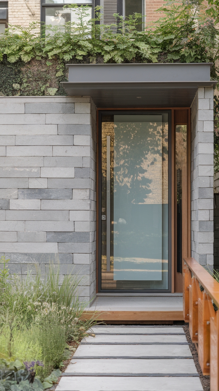 The modern urban home captivates with its contemporary front door, a masterpiece of minimalist design that boasts a large glass panel set within a rich wooden frame. This stunning entrance is framed by a robust wall of large grey stones, which rises to form a chic privacy screen, seamlessly blending aesthetics with practicality. A short, stylish porch adorned with a wooden railing leads the way, while the vibrant garden, brimming with lush greenery and blooming flowers, envelops the entrance in a refreshing embrace, creating an inviting and tranquil atmosphere.
