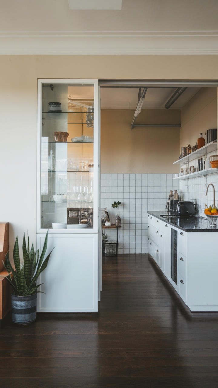 This open-concept kitchen is a masterclass in modern design. The interplay of textures-glossy white, matte black, and rich dark wood-is captivating. Clean lines and thoughtful details, including a carefully chosen plant, transform this space into a stylish and inviting culinary sanctuary.