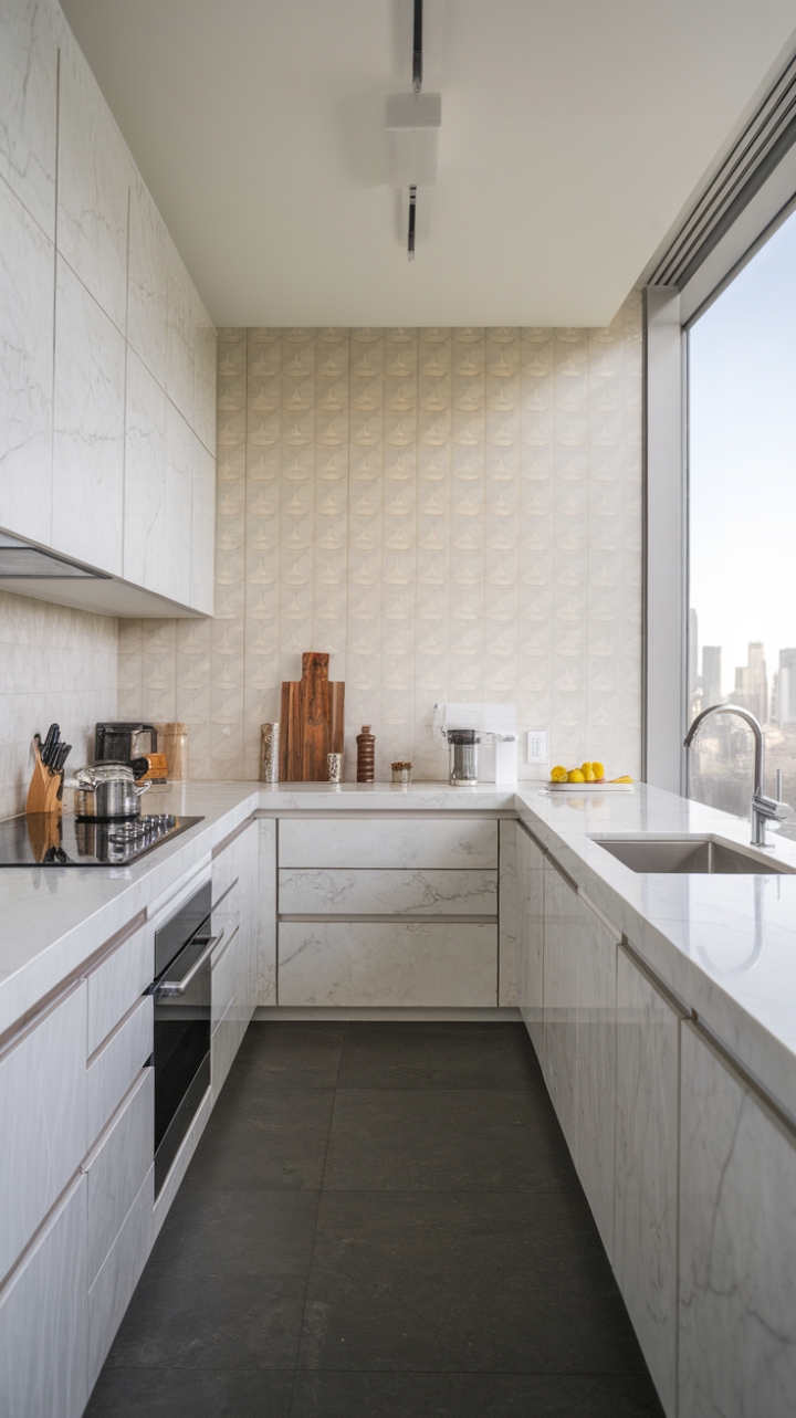A symphony of sleek lines and subtle textures. White marble countertops and cabinetry are the stars in this modern kitchen, complemented by a light grey geometric backsplash and dark grey floor tiles. The expansive window offers a stunning cityscape panorama, transforming meal prep into an urban escape.