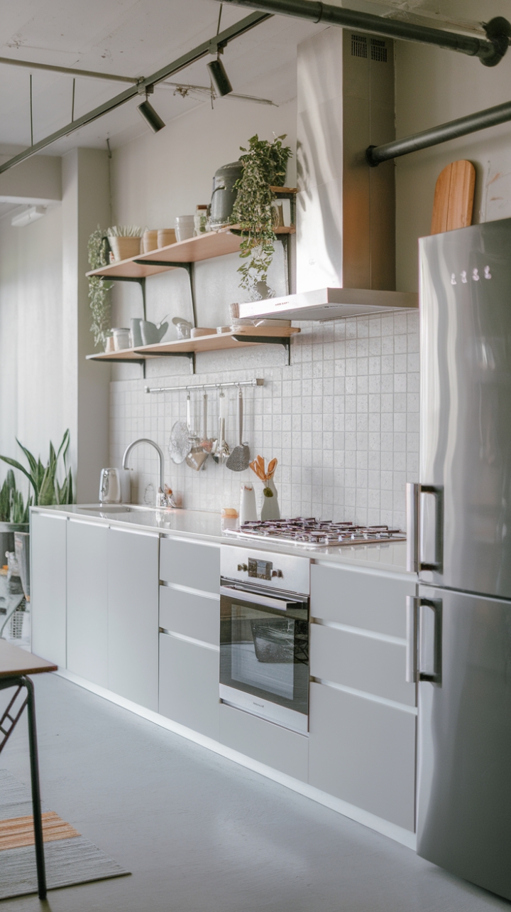 Unveiling a haven of urban chic: This minimalist kitchen redefines contemporary living with its seamless blend of functionality and style. Light grey and white hues create an airy ambiance, while subtle wooden accents and verdant pops of greenery add warmth and personality. A testament to sophisticated simplicity.